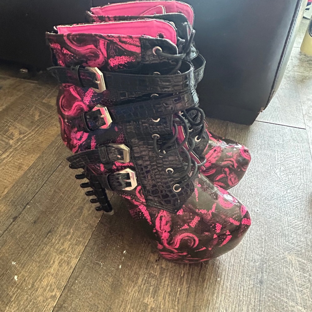SHOW STORY Pink Black Spine Heel Platform Ankle Boots Buckle Strap Gothic 39